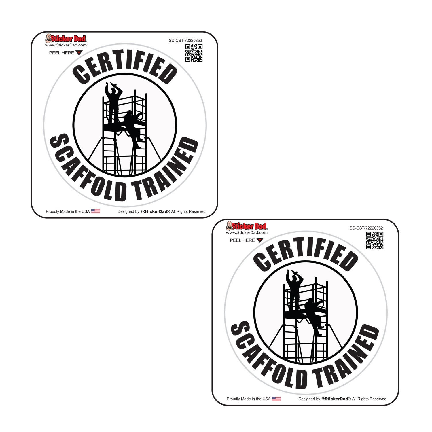 2 pack - Certified Scaffold Trained (SD-352) - single 3" round W/B Full Color Printed Vinyl Decal Hard Hat Helmet Window Sticker