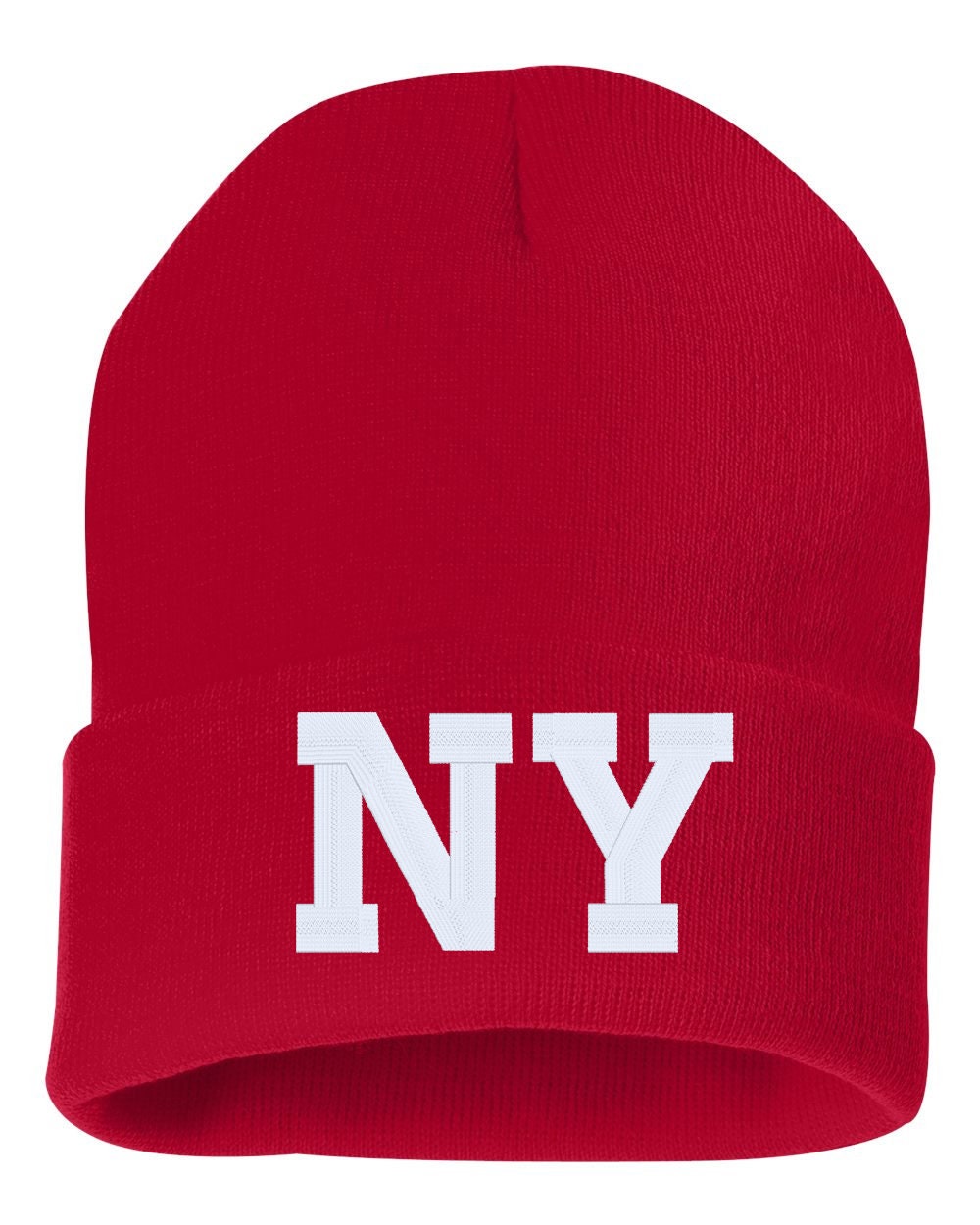 NJ State Abbreviation Embroidered Beanie - Cuffed Winter Hat With White Thread, Red, Made In New Jersey