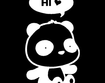 May include: A black and white cartoon panda bear with a speech bubble above its head that says "HI" with a heart. The panda is sitting with its legs crossed and has big, round eyes.