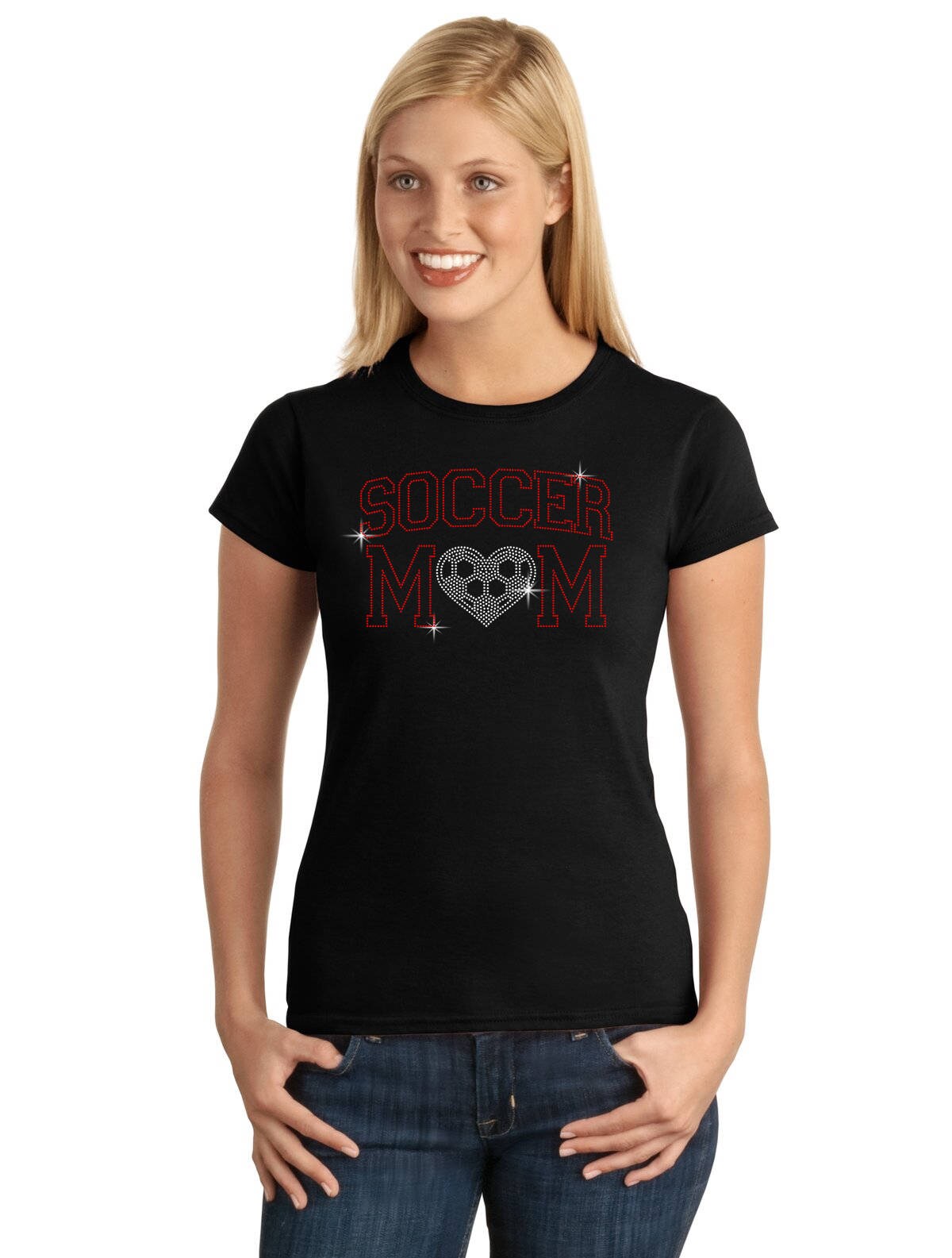 Soccer Mom with Heart V1 SPANGLE BLING T-shirt by StickerDad®  - 100% Cotton Tee - High Quality - Made in the USA