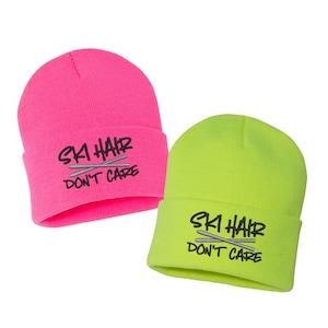 SKI HAIR Don&#39;t Care -  Embroidered Cuffed Beanie Hat, Embroidered Gift, Winter Hat Unisex, Cuffed Beanie, Gift, Beanie