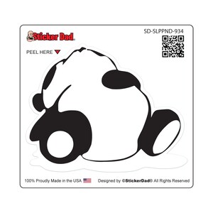 May include: Black and white sticker of a panda bear lying on its back with its legs in the air. The sticker has a white background and a black outline.