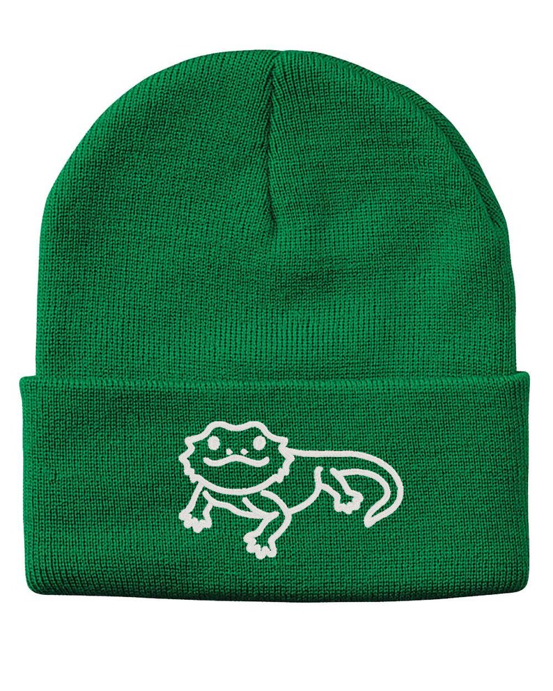 May include: Green knitted beanie with a white outline of a bearded dragon on the front.