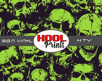 May include: Green skull graphic pattern on a black background. The pattern is repeated and includes the text "KOOL Prints".