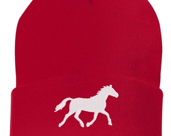 Horse Embroidered Beanie, Handmade Cuffed Knit Unisex Slouchy