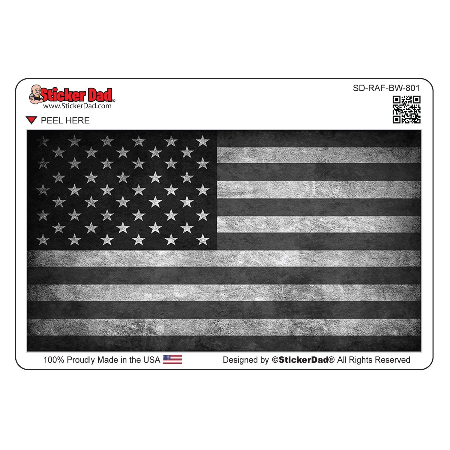 RUSTIC AMERICAN FLAG Black & White 801 - size: 7" - Full Color Printed Vinyl Decal Hard Hat Helmet Window Sticker