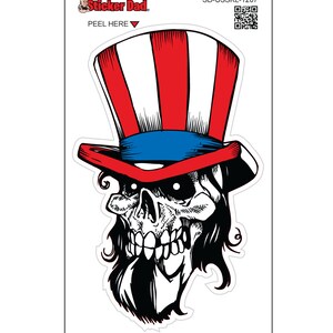 May include: A sticker of a skull wearing a red, white, and blue top hat. The skull has a long black beard and mustache. The text "Sticker Dad" and "PEEL HERE" are visible on the sticker.