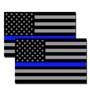 Mini Thin Blue Line Subdued (REFLECTIVE) Helmet Flag Police - size: 2.5&quot; x 1.5&quot; Full Color Printed Vinyl Decal Hard Hat Helmet Sticker