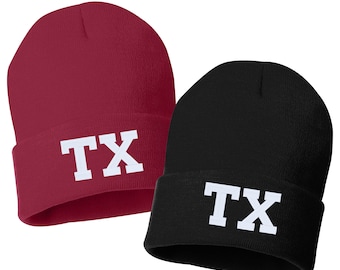 TX State Abbreviation Embroidered Cuffed Beanie Hat, Embroidered Gift, Winter Hat Unisex, Cuffed Beanie, Gift, Beanie