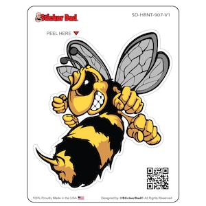 May include: A yellow and black cartoon bee with angry eyes and a menacing expression. The bee is flying with its wings spread out and its fists clenched. The bee is a mascot for a sports team or school.