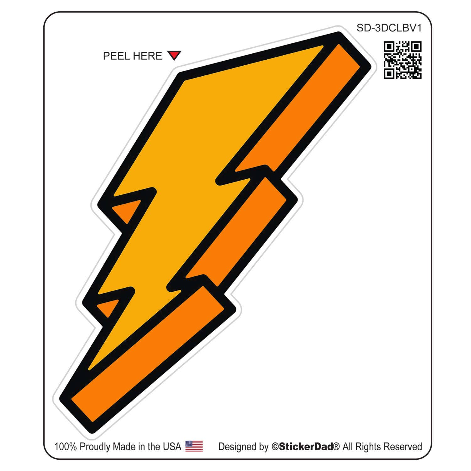 3-D CARTOON LIGHTNING BOLT V1 - color- Orange/size: 4" - Full Color Printed Vinyl Decal Hard Hat Helmet Window Sticker