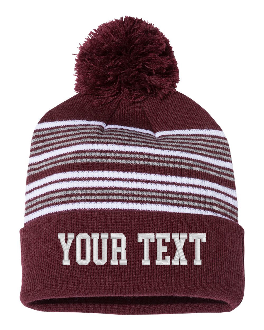 Embroidered Custom Striped Cuffed POM Beanie, Embroidery Cap, Personalized, Text Knit Hat, 12&quot; Beanie, Winter, Cuffed Beanie, Hat Beanie