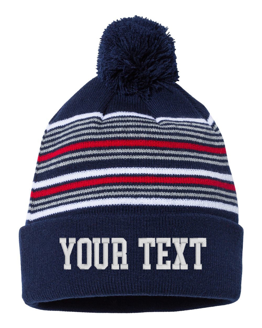 Embroidered Custom Striped Cuffed POM Beanie, Embroidery Cap, Personalized, Text Knit Hat, 12&quot; Beanie, Winter, Cuffed Beanie, Hat Beanie
