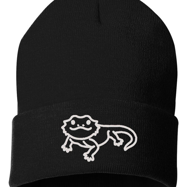 Cute Bearded Dragon Embroidered Cuffed Beanie Hat, Embroidered Gift, Winter Hat Unisex, Cuffed Beanie, Gift, Beanie