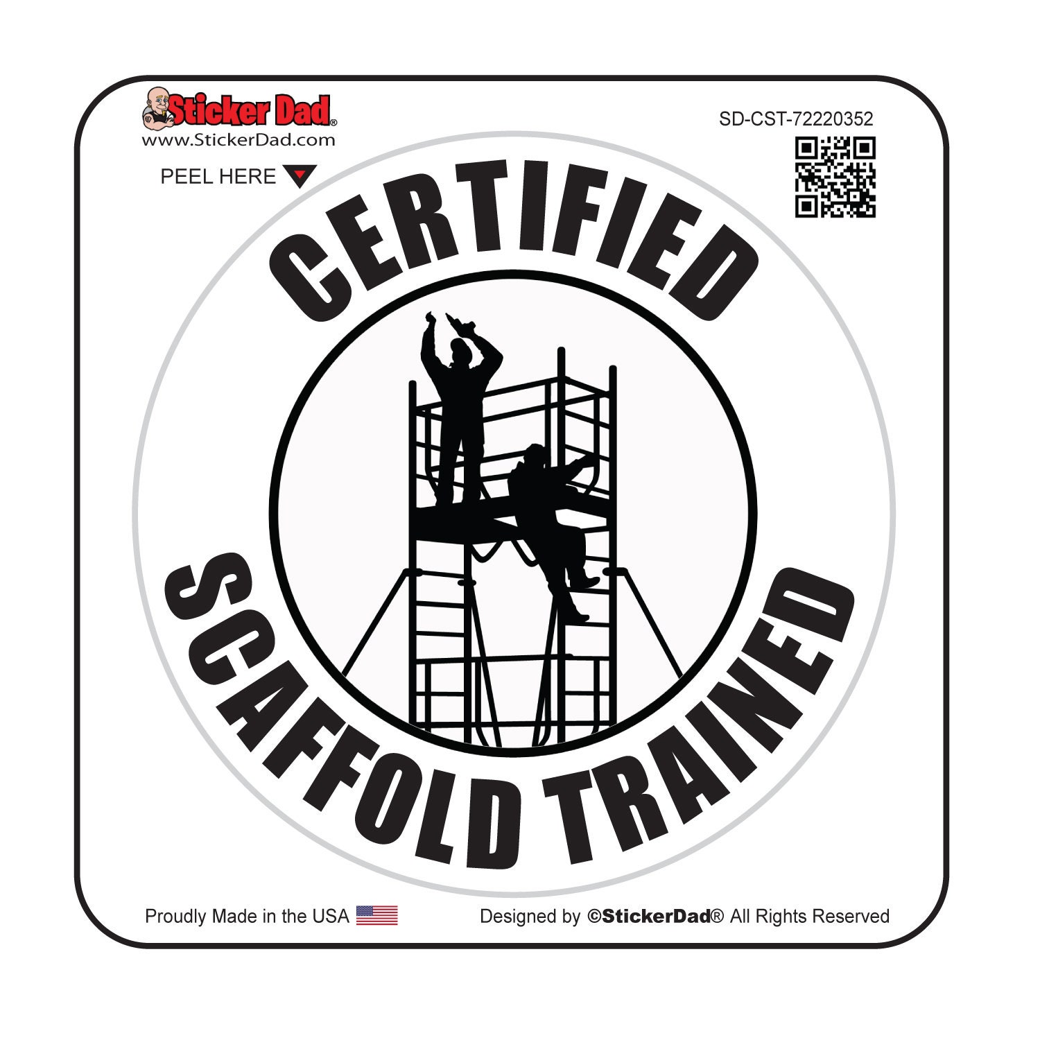 Certified Scaffold Trained 352 - single 5" round W/B Full Color Printed Vinyl Decal Hard Hat Helmet Window Sticker