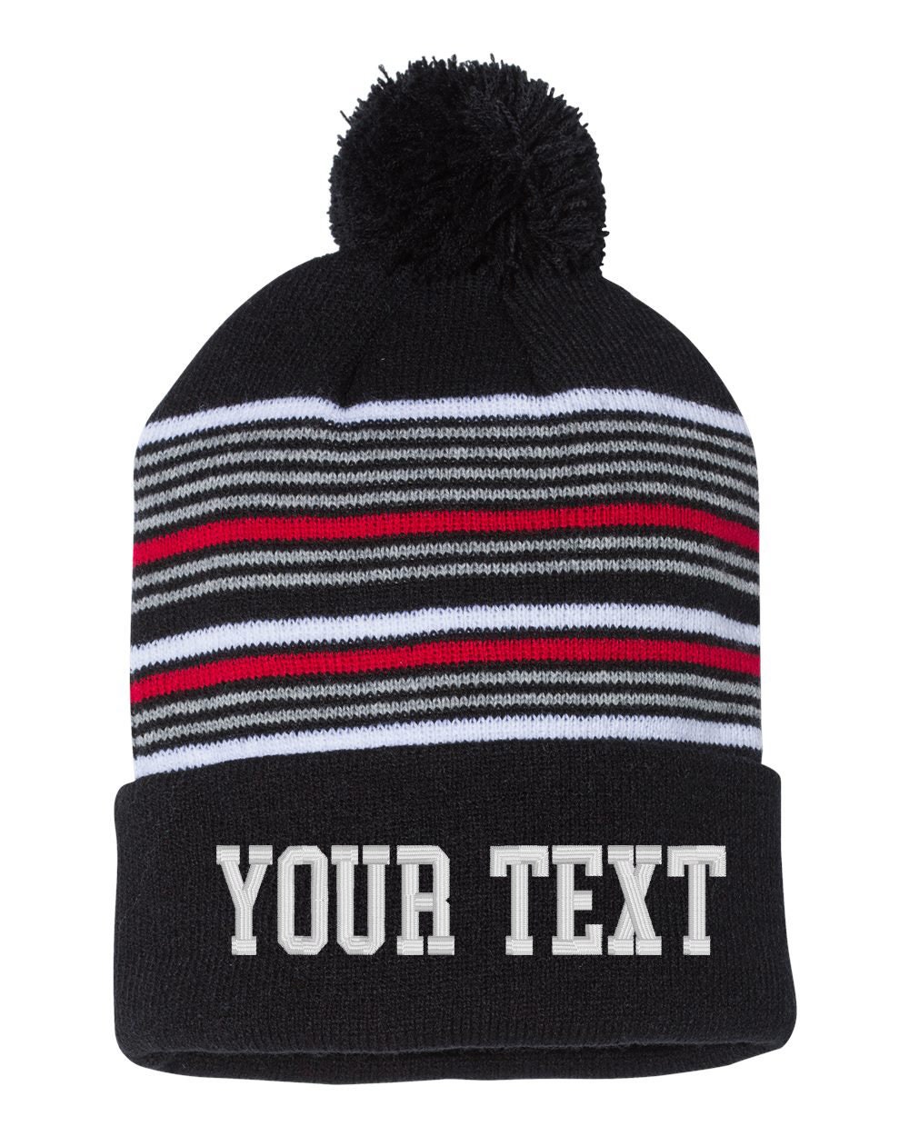 Embroidered Custom Striped Cuffed POM Beanie, Embroidery Cap, Personalized, Text Knit Hat, 12&quot; Beanie, Winter, Cuffed Beanie, Hat Beanie