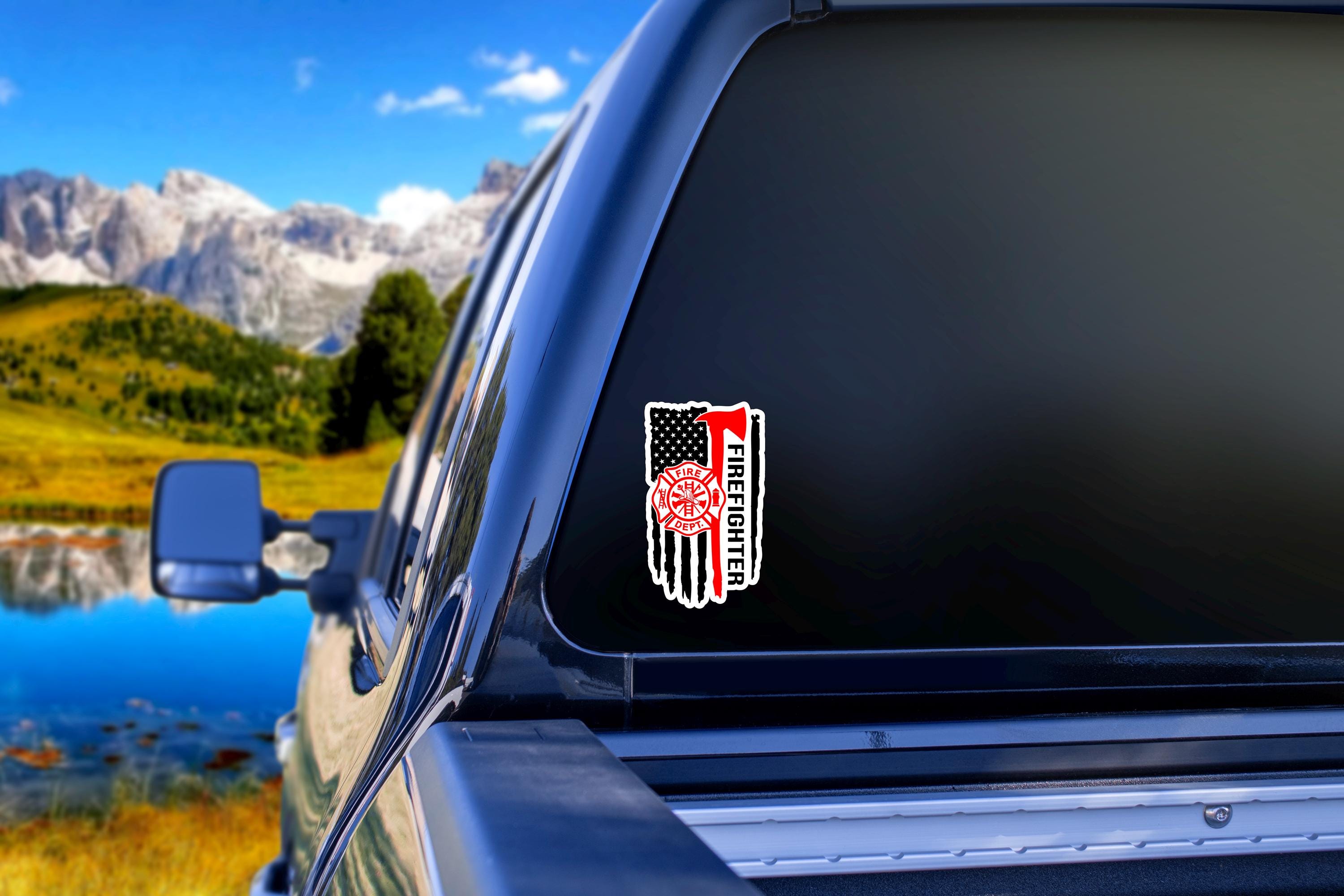 American Distressed Flag  Firefirefighter Axe Emblem 1101 - size: 5" - Full Color Printed Vinyl Decal Window Sticker - Thumbnail 2