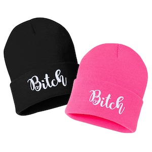 Embroidered Cuffed Beanie &quot;BITCH&quot; Hat, Embroidered Gift, Winter Hat Unisex, Cuffed Beanie, Gift, Beanie