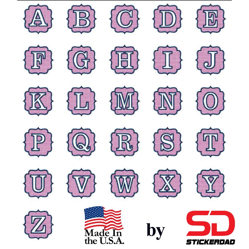 May include: A collection of alphabet letters, each in a unique design. The letters A through Z are displayed in a pink and blue color scheme. The letters are in a white font, with a decorative border. The image also includes the text "Made in the U.S.A."