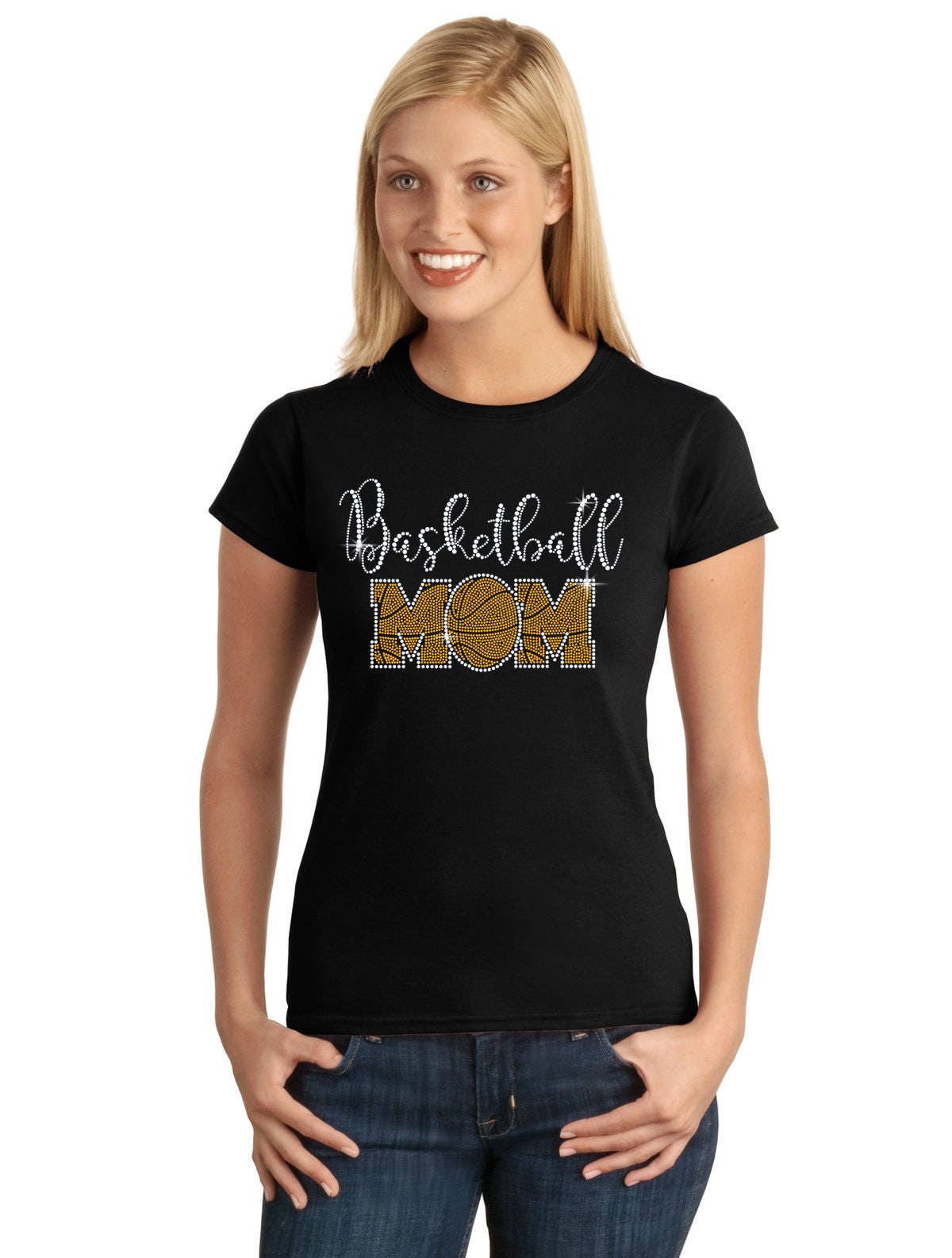 BASKETBALL MOM V1 Spangle Bling T-shirt by StickerDad®  50/50 Tee - High Quality - Made in the USA