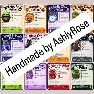 May include: A collection of twelve rectangular potion recipe cards featuring colorful illustrations and text for Witch's Brew, Pumpkin, Ghostly Glow, Spider Cider, Moonlight Magic, Black Cat, Wolf, Flight, Wicked, and Haunted Forest potions.