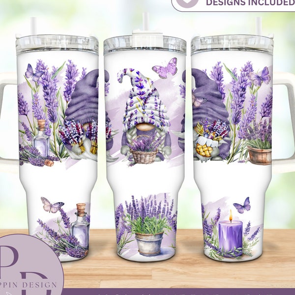 Lavender Gnome 40oz Quencher Tumbler Wrap/ PNG Tumbler Design Sublimation Designs Downloads - PNG