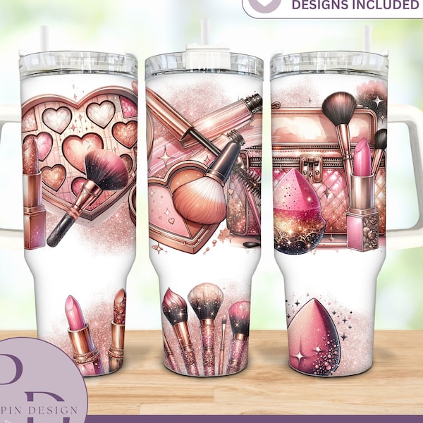 Rose Gold Pink Makeup Tumbler 40oz Quencher Tumbler Wrap, Digital Download PNG, 40oz Makeup Artist Tumbler