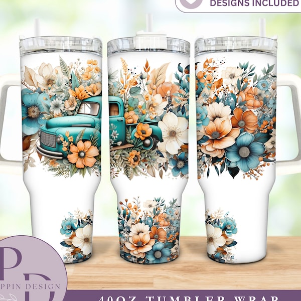 Teal Truck Flowers 40oz Quencher Tumbler Wrap, Sublimation Design Digital Download PNG, 40oz Flower Tumbler