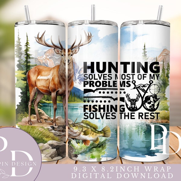 Hunting Fishing 20oz Skinny Tumbler Sublimation Design Digital Download PNG, Deer Hunting Tumbler