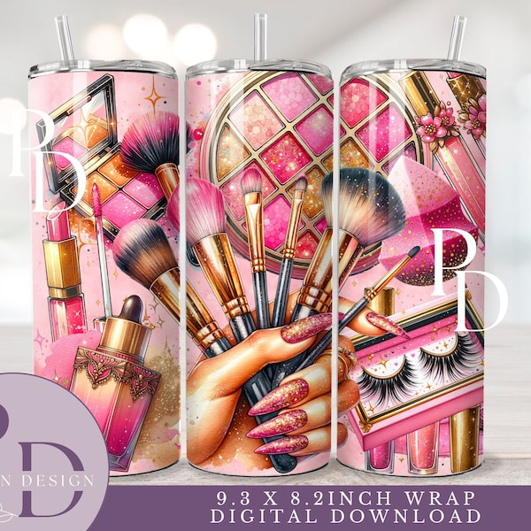 Pink Gold Makeup Artist 20oz skinny tumbler png, Makeup png, Eyelashes png, Sublimation digital download, Makeup Artist