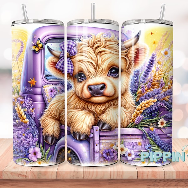 Seamless Highland Cow Lavender Tumbler Wrap, 20oz Skinny Sublimation Tumbler Design, Highland Cow Sublimation Design, Floral Truck Tumbler