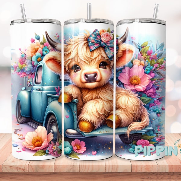 Seamless Highland Cow Tumbler Wrap, 20oz Skinny Sublimation Tumbler Design, Highland Cow Sublimation Design, Flowers Tumbler Png Download