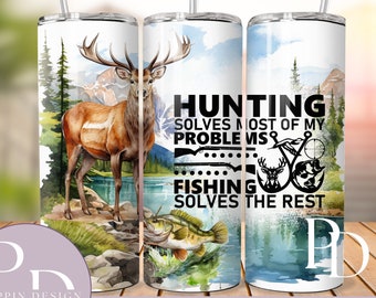 Hunting Fishing 20oz Skinny Tumbler Sublimation Design Digital Download PNG, Deer Hunting Tumbler