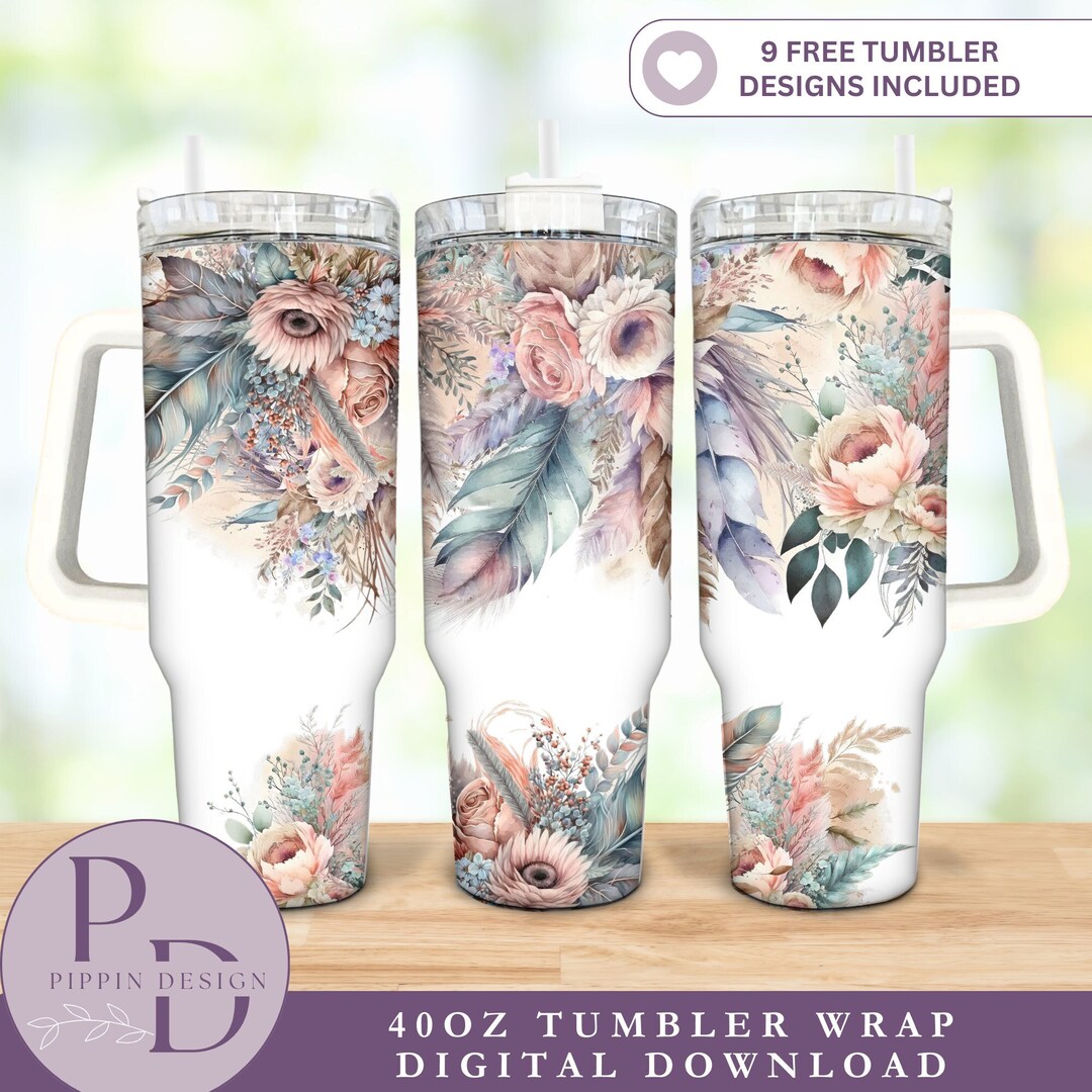 Pastel Boho Floral 40oz Quencher Tumbler Wrap/ PNG Tumbler Design ...