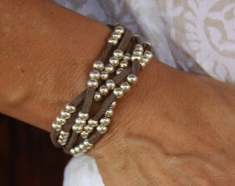 Leather Bracelet Women - Leather Silver Wrap Bracelet - Woman Silver Bead Bracelet - Wide Bracelet - Leather Everyday Bracelet