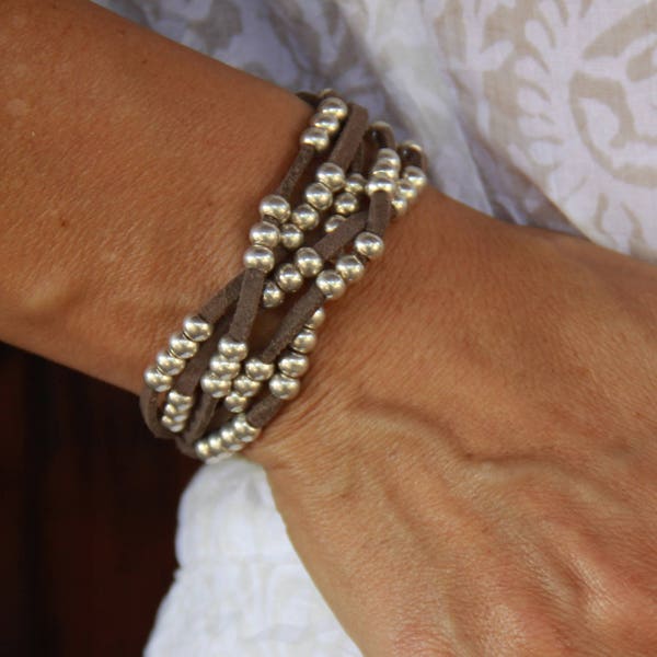 Leather Bracelet Women - Leather Silver Wrap Bracelet - Woman Silver Bead Bracelet - Wide Bracelet - Leather Everyday Bracelet