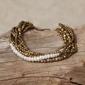 Brass Stackable Bracelet - Pearl Bracelet for Women - Stack Bracelet Seed Bead - Pearl Boho Jewelry - Elegant Bracelet for Woman