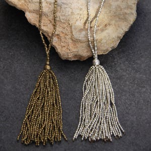 Long Beaded Necklace with Tassel Silver Tassel Necklace Bead Tassel Necklace Bohemian Necklace Bead Elegant Necklace for Women image 2