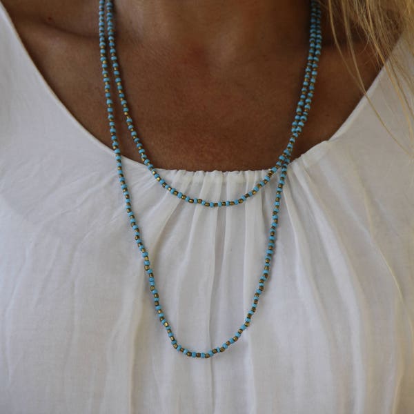 Blue Necklace for Women - Double Wrap Bead Necklace - Long Everyday Necklace - Beaded Necklace for Mom - Bohemian Necklace Simple