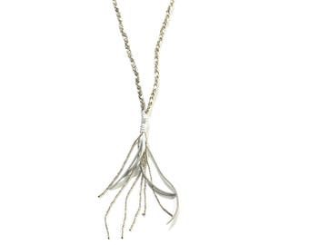 Boho Necklace Long Tassel - Seed Beaded Necklace - Long Necklace Leather Tassel - Festival Silver Necklace - Lariat Necklace Tassel