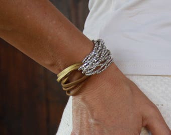 Leather Silver Boho Bracelet - Beige Bracelet - Leather Silver Wrap Bracelet - Casual Beaded Bracelet - Boho Jewelry Ideas