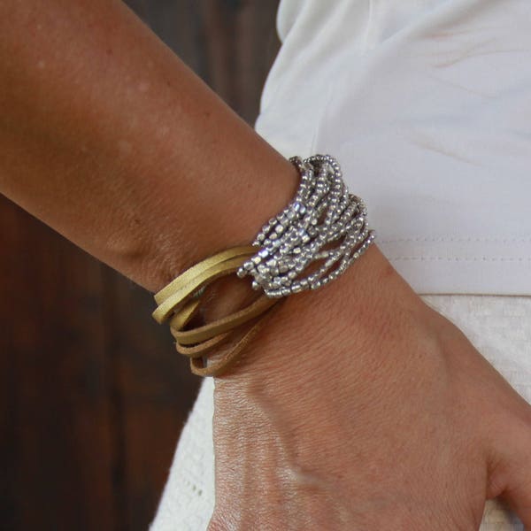 Leather Silver Boho Bracelet - Beige Bracelet - Leather Silver Wrap Bracelet - Casual Beaded Bracelet - Boho Jewelry Ideas