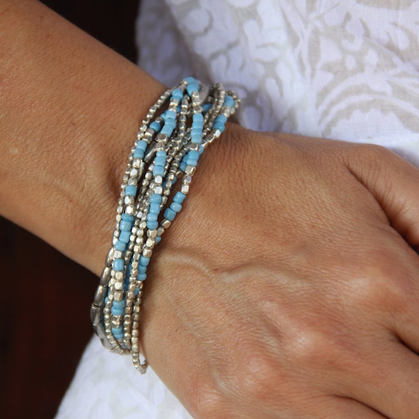 Déclaration Bracelet Bleu - Bracelet Multi Strand - Bracelet Boho Bleu - Bracelet Boho Wrap Silver - Bracelet Gypsy Argent - Bracelet de tous les jours