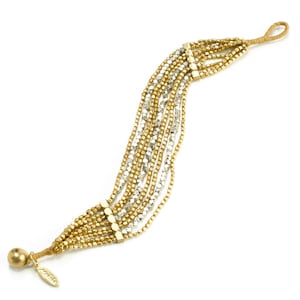 May include: A gold and silver multi-strand beaded bracelet with a leather closure.