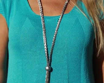 Long Silver Necklace -Leather Silver Necklace - Long Boho Necklace - Tassel Silver Necklace - Long Necklace Women - Silver Bohemian Necklace