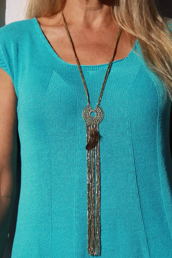 Long Feather Necklace/Golden Tassel Feather Necklace/Boho Chic Long Necklace/Long Boho Necklace/Feather Beaded Long Necklace/Tribal Necklace