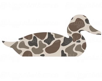 May include: A wooden duck decoy in shades of brown, tan, and gray, with a camouflage pattern. The duck is depicted in a side profile, with its head and beak extended. The design is simple and flat, suitable for rustic or country-themed decor.