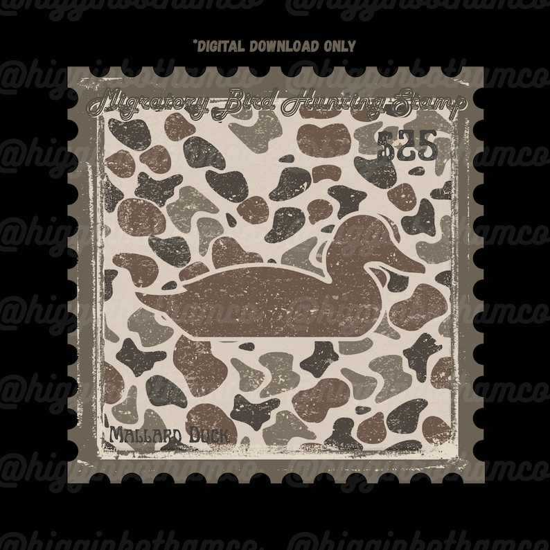 Wildlife Art Collection Mallard Duck Stamp Digital Download PNG Vintage Waterfowl Design Retro Camo Style Hunting Theme Graphic Rustic Decor Transparent Background High Resolution Image Printable Artwork Outdoor Sporting Heritage Classic