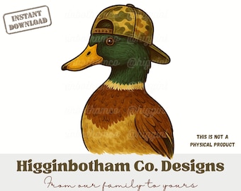 Rustic Mallard with Camo Hat • Southern Waterfowl Clipart • Duck Hunting Sublimation PNG • 300 DPI