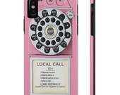 iPhone XS Max Tough Cases Pink Vintage Phone Print iPhone XR Protective Case Retro Rotary Dial Push Button Phone iPhone X 8 7 6 Plus 5 Cover